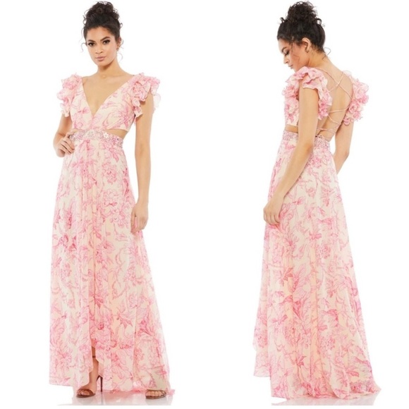 Mac Duggal Anthropologie Floral Printed Ruffle Shoulder Lace Up Gown size 2 - Picture 5 of 17